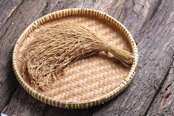 Wicker Basket Straw Wooden Background — Stock Photo, Image