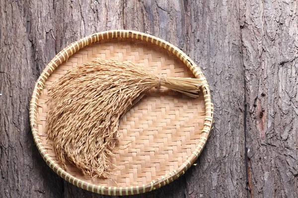 Wicker Basket Straw Wooden Background — Stock Photo, Image