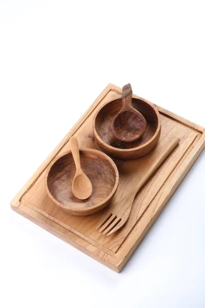 Cutlery Made Wood White Background — Stock Photo, Image