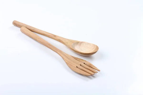 Cutlery Made Wood White Background — Stock Photo, Image