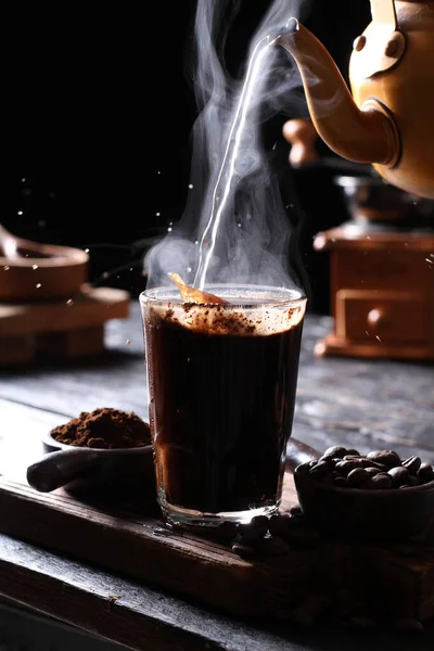 Coffee Beverage Prepared Roasted Coffee Beans Darkly Colored Bitter Slightly — Stock Photo, Image