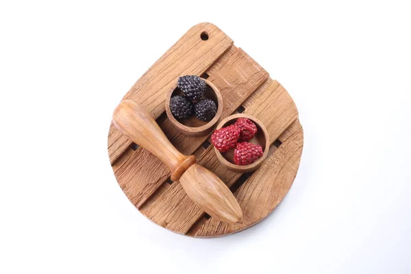 Wooden Bowl Fresh Berries Fruits White Background — Stock Photo, Image
