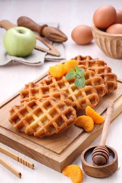 Belgian Waffles Fresh Raspberries Table Sweet Food — Stock Photo, Image