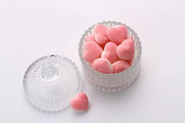Różowe Białe Serce Kształcie Cukierka Tle Talerza — Zdjęcie stockowe