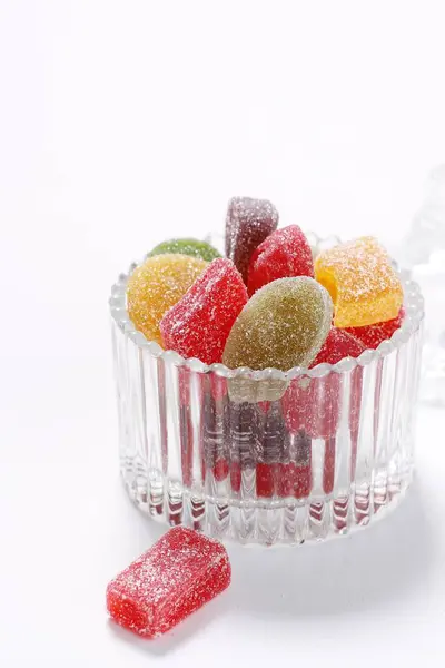 Colorful Jelly Candies Glass Bowl White Background — Fotografia de Stock