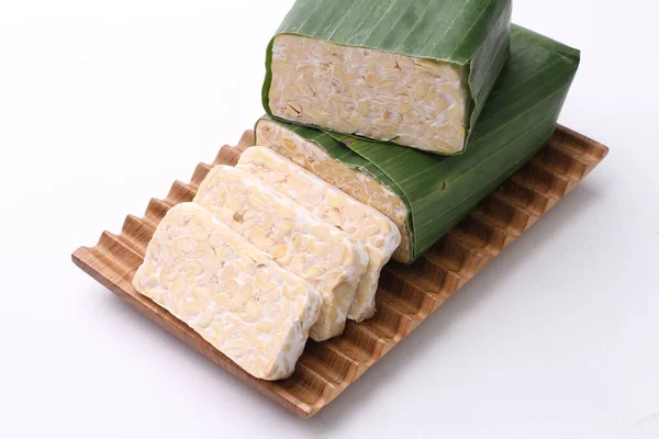 Tofu Cake Green Leaves White Background — Stock Photo, Image