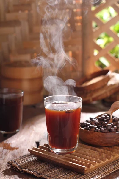 Hot Coffee Cup Tea Glass Milk Wooden Background — Zdjęcie stockowe