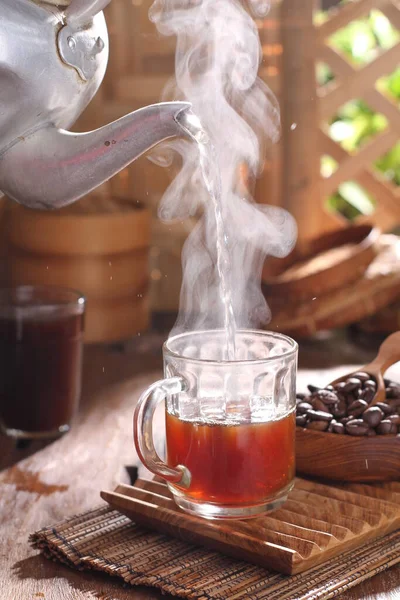 Горячий Кофе Чашкой Чая Деревянном Фоне — стоковое фото