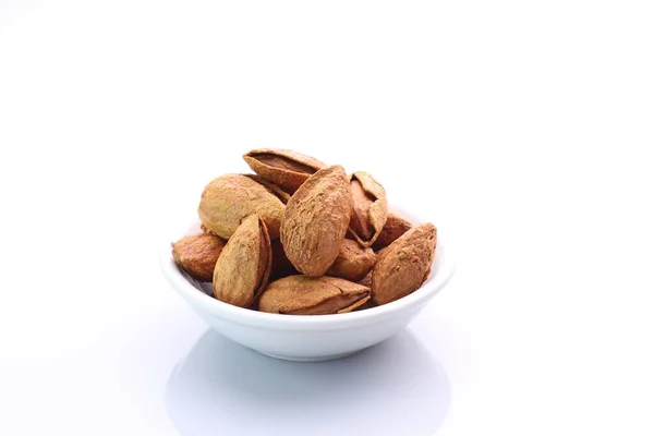 Almonds Bowl Isolated White Background — Stock Photo, Image