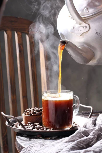 Kaffekop Med Varm Chokolade Træbaggrund - Stock-foto