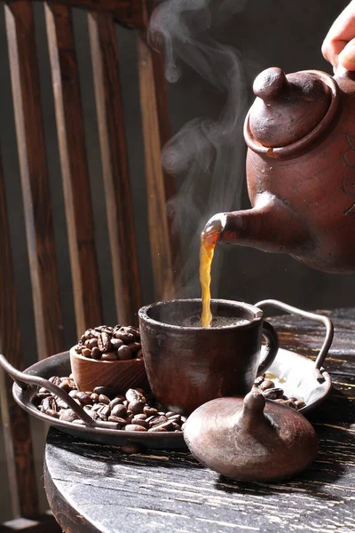 Kávébab Tea Fából Készült Háttérrel — Stock Fotó