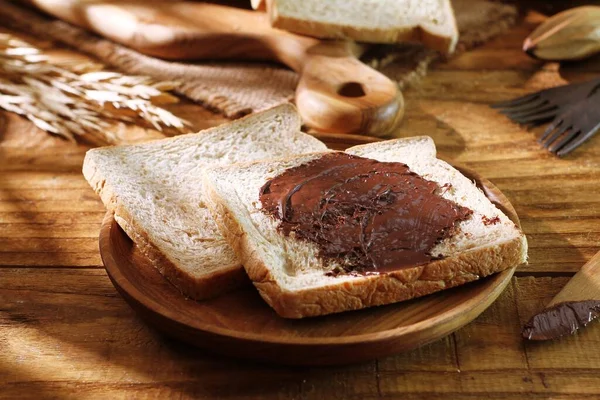 Хліб Маслом Медом Дерев Яному Фоні — стокове фото