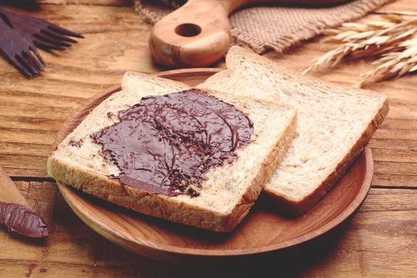 Bread Jam Butter Wooden Table — Stock fotografie