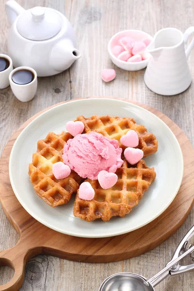Delicious Waffle Chocolate Raspberries Plate — Stock Photo, Image