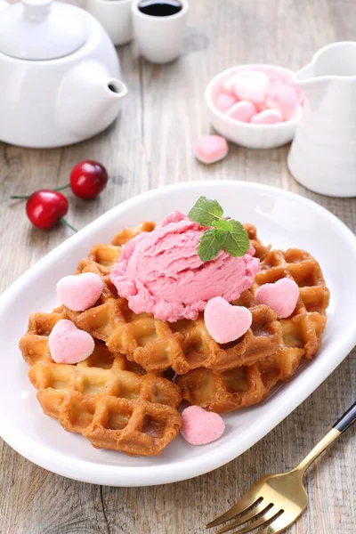 Delicious Waffle Raspberries Chocolate White Plate — Stock Photo, Image