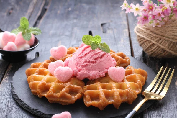Ice Cream Raspberries Mint Wooden Background — стоковое фото