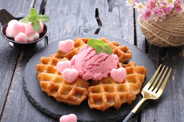 Ice Cream Raspberries Mint Wooden Background — стоковое фото
