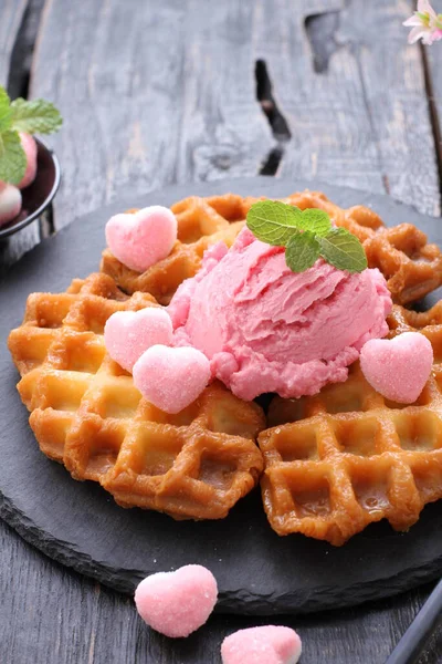 Ice Cream Raspberries Mint Wooden Background — Photo