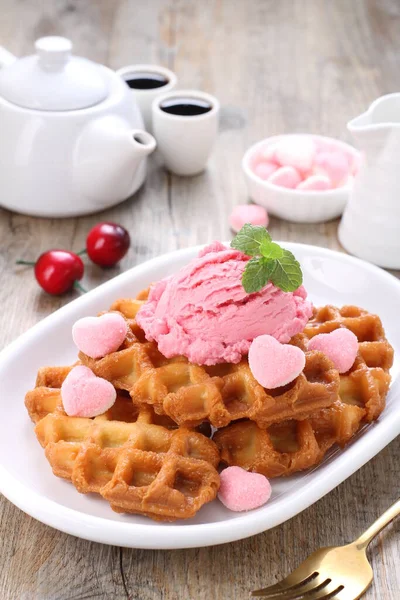 Delicious Waffle Raspberries Chocolate Plate — Stock Photo, Image