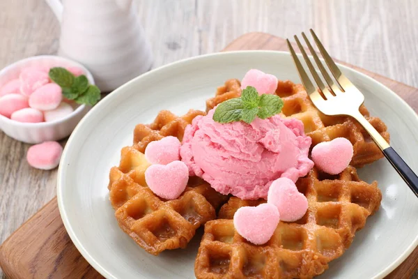 Delicious Waffle Berries Ice Cream Wooden Table — Stock Photo, Image