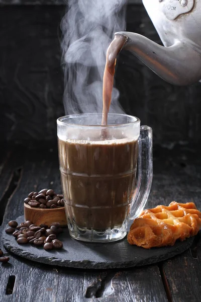 Taza Café Con Chocolate Azúcar Sobre Fondo Madera — Foto de Stock