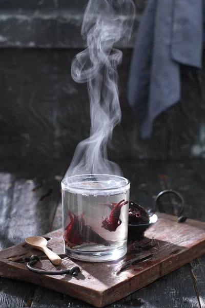 Hot Tea Cup Coffee Kettle Wooden Background — Zdjęcie stockowe