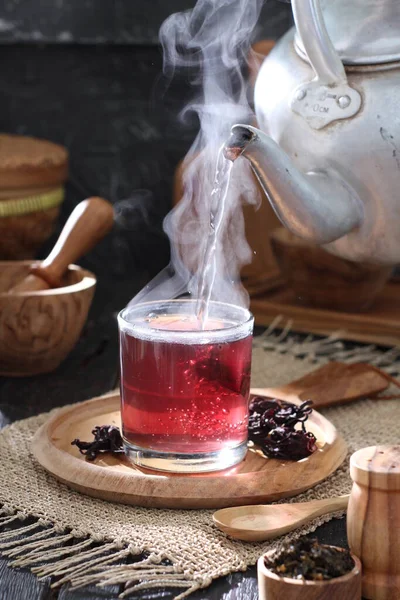 Black Tea Cup Coffee Teapot Wooden Background — Zdjęcie stockowe