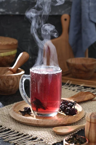 Hot Tea Cup Coffee Kettle Wooden Background — Foto de Stock