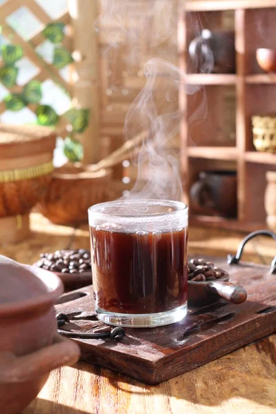 Hot Coffee Fresh Tea Cinnamon Stick Wooden Background — Stock Photo, Image