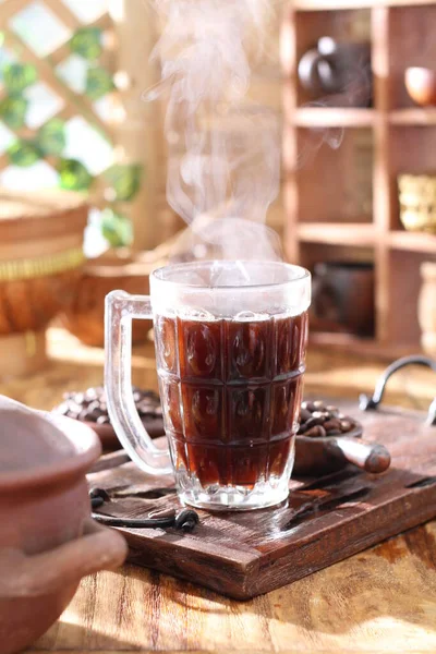 Gorąca Herbata Filiżance Drewnianym Tle — Zdjęcie stockowe