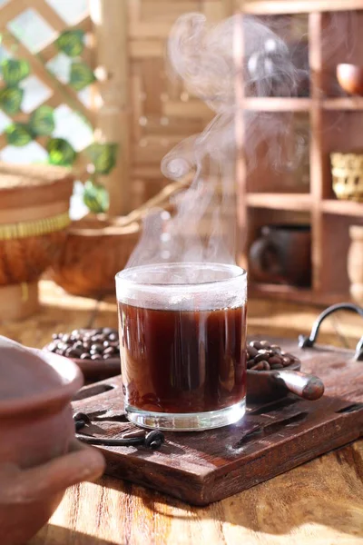 Gorąca Czarna Kawa Gorącą Kawą — Zdjęcie stockowe