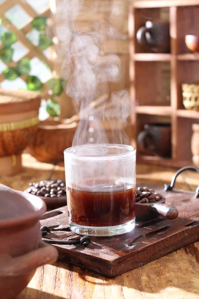 Gorąca Kawa Gorącym Napojem Ziarnem Kawy — Zdjęcie stockowe
