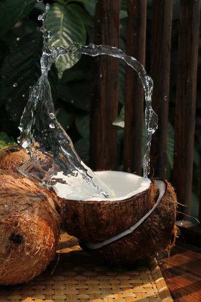 Kokosmjölk Med Färsk Ekologisk Kokosnöt — Stockfoto