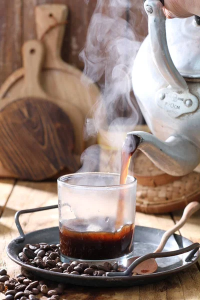 Xícara Café Com Bebida Quente Mesa Madeira — Fotografia de Stock