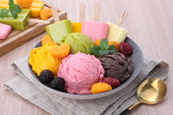 Different Colorful Ice Cream Wooden Table — Stock Photo, Image