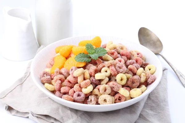 Bowl Tasty Cereal Fruits Berries White Background — Stock Photo, Image