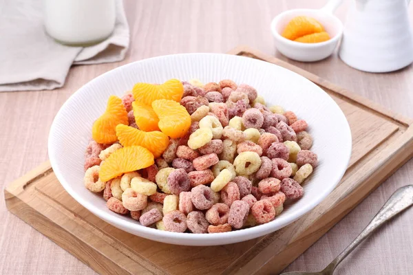 Bowl Full Fresh Cereals Milk Orange Fruits White Table — Stock Photo, Image