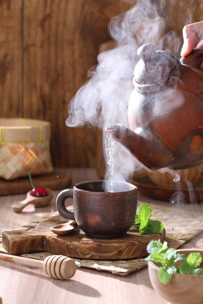 Tea Cup Tea Kettle Wooden Background — Stock Photo, Image