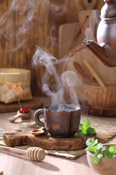 Чашка Чая Чайник Деревянном Фоне — стоковое фото