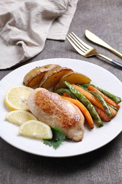 Kızarmış hindi ve patates tabağı.