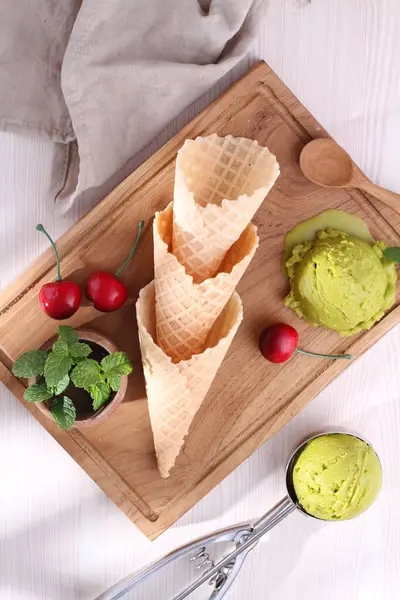 Waffle Cones Fresh Ice Cream Wooden Board — Stock Photo, Image