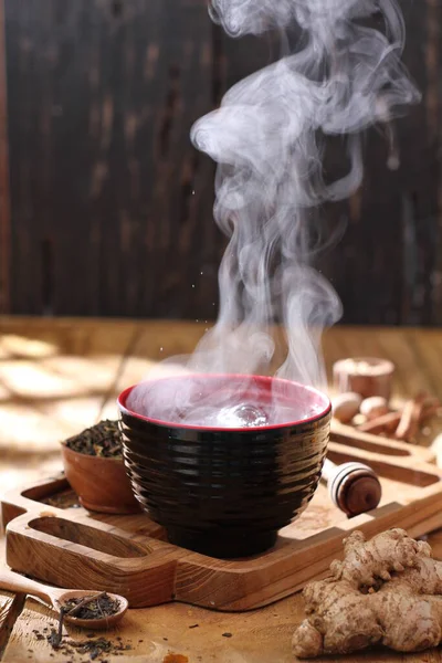 Tea Egy Csésze Kávé Egy Fából Készült Kanál Háttér — Stock Fotó
