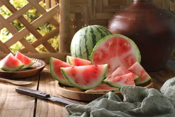 Fresh Ripe Watermelon Wooden Background — Stock Photo, Image