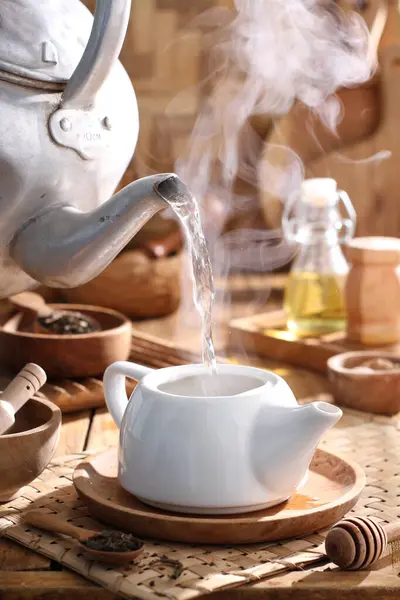 Tea Cup Teapot Hot Teapot Wooden Table Cafe — Stock Photo, Image