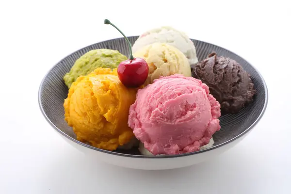 Different Colorful Ice Cream Scoops Bowl White Background — Stock Photo, Image