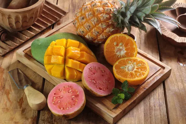 Fresh Orange Fruit Sliced Orange Wooden Background — Stock Photo, Image