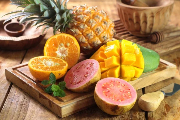 Fresh Ripe Fruits Orange Pineapple Wooden Background — Stock Photo, Image