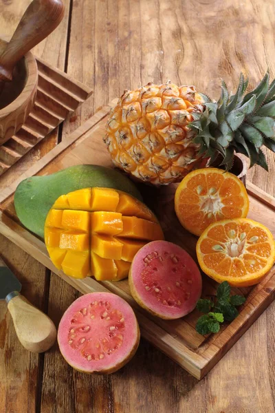 Fresh Ripe Pineapple Wooden Background — Stock Photo, Image