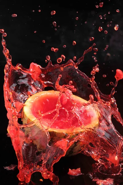 Red Juice Splashes Splashes Black Background Close — Stock Photo, Image