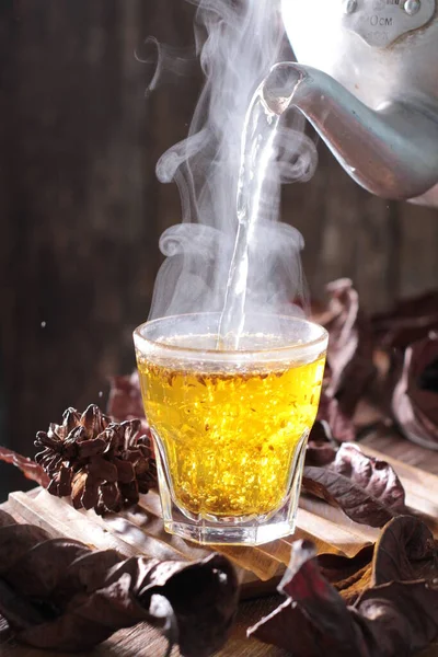 Hot Drink Glass Cup Wooden Table —  Fotos de Stock